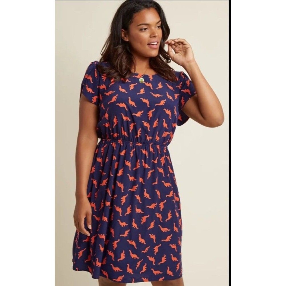 Dinosaur Print Dress Navy Orange Short Sleeve Size Large Mom Teacher Party USA